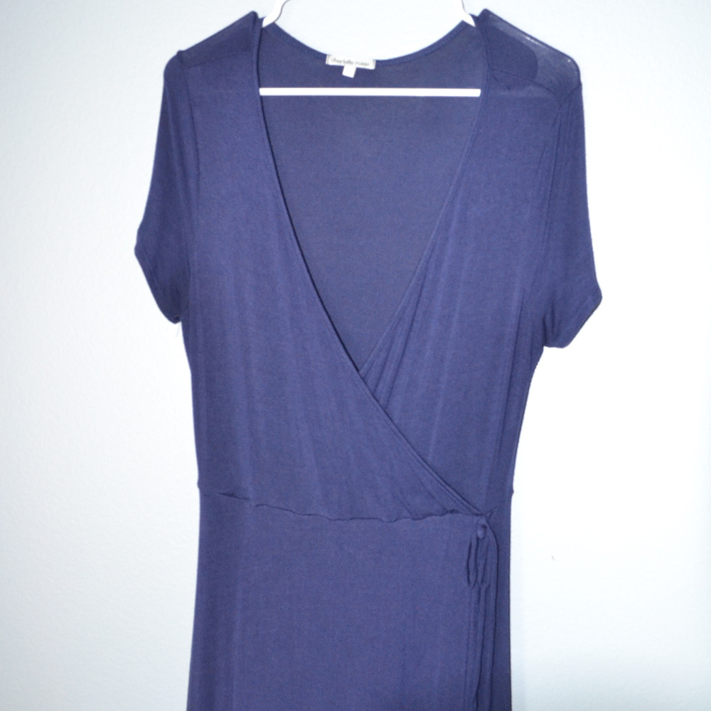 Blue Faux Wrap Dress with V-neck and Tie at Side